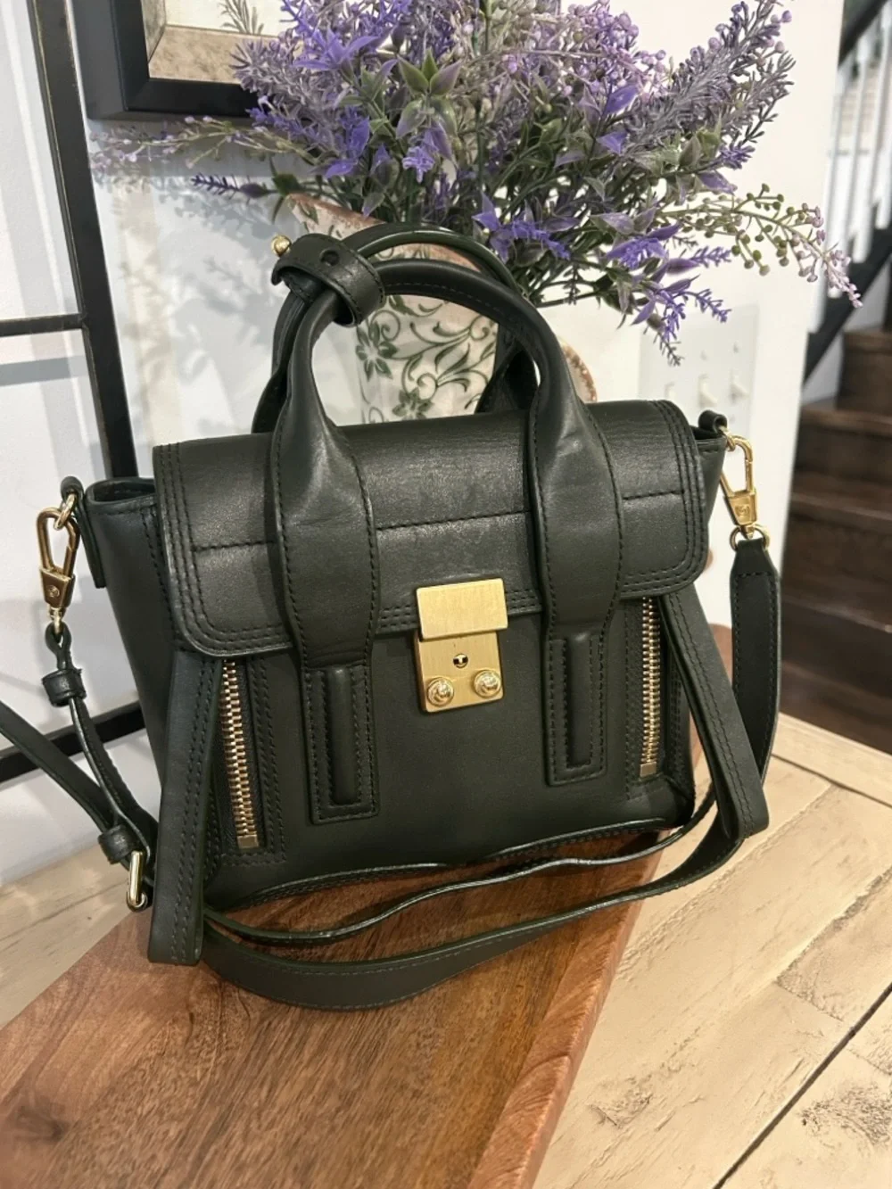 3.1 Phillip Lim Dark Green Leather Mini Satchel with Gold Hardware